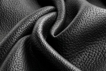 Detailed texture of black leather fabric with natural folds and creases displayed on a soft surface