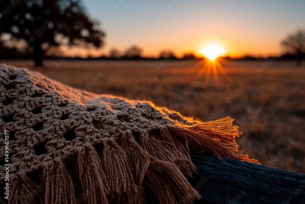 Aufkleber cozy blanket rests on a wooden railing as the sunset casts warm hues over an open field during golde