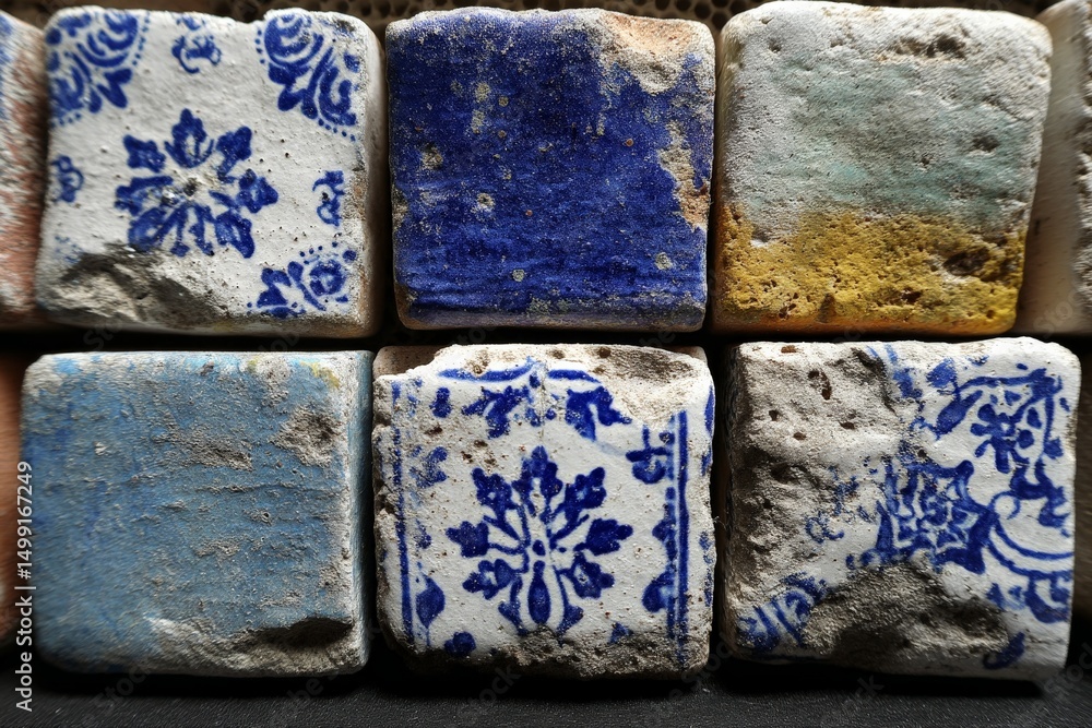 Poster colorful traditional tiles arranged in a decorative pattern showcasing intricate designs and texture