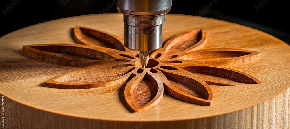 Poster cnc router cutting vector image on cherry wood highlighting craftsmanship and precision.