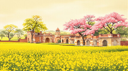 Painting of a field with a yellow house in the background