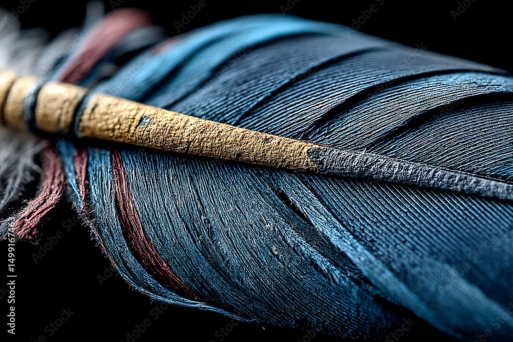 Poster Detailed close-up of a colorful feather showcasing the textures and patterns in natural light during the afternoon