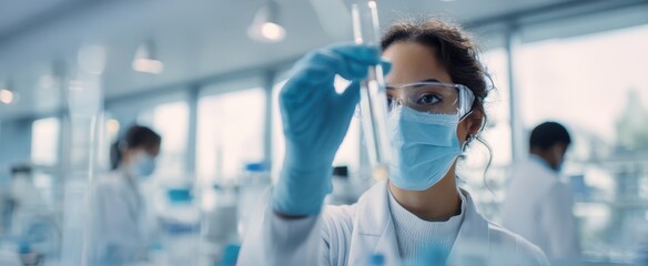 Fototapeta na wymiar The scientist examining a test tube in a modern laboratory setting.
