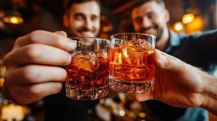 Toast to Friendship: Two Men Celebrating with Whiskey Cocktails at the Bar