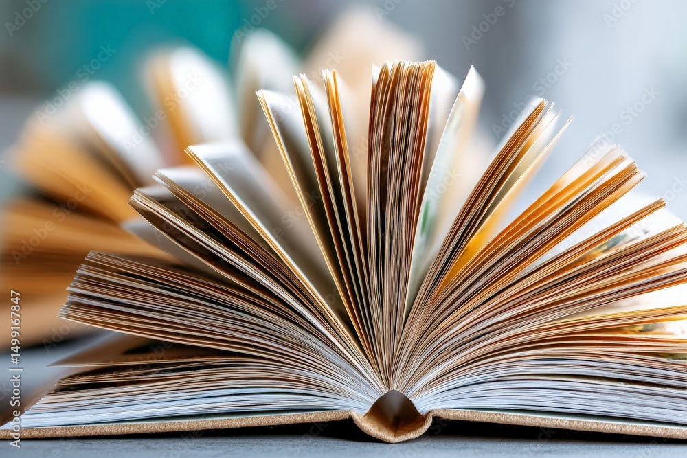 Poster open book displaying pages with golden edges resting on a table indoors with soft lighting and blurr