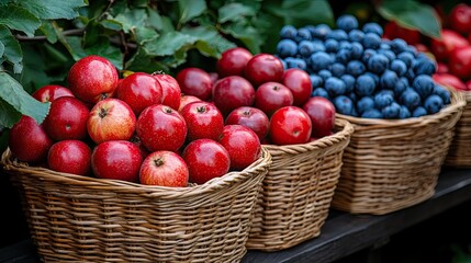 Red apples with blueberries, and wicker baskets.