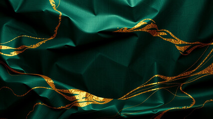 Elegant emerald green fabric with gold accents abstract design
