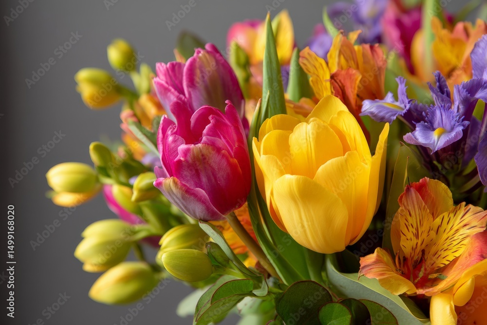 Poster brightly colored tulips and irises create a vibrant bouquet in a modern setting during springtime