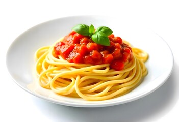 White Plate of Spaghetti Topped with Tomato Sauce and Basil Leaf