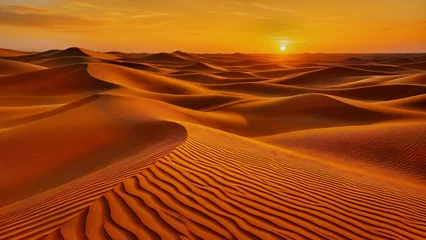 Foto op Canvas Vast desert landscape with rolling sand dunes under a vibrant sunset sky, showcasing intricate patterns and warm hues. The sun sets on the horizon, casting dramatic shadows across the terrain © Anita