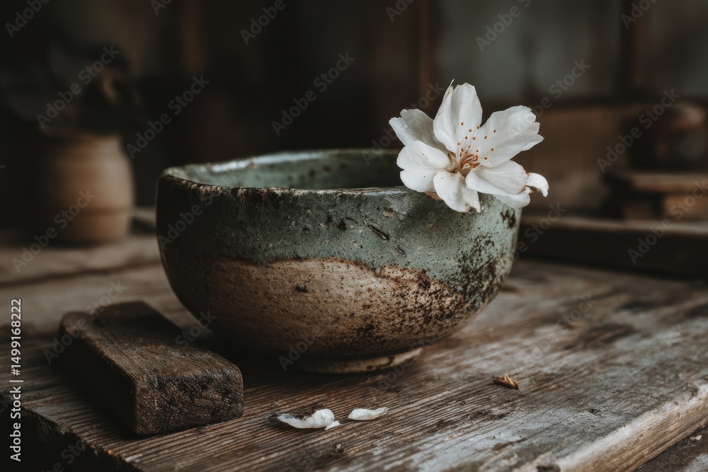 Poster Beautiful ceramic bowl with flower resting on wooden surface in a rustic setting