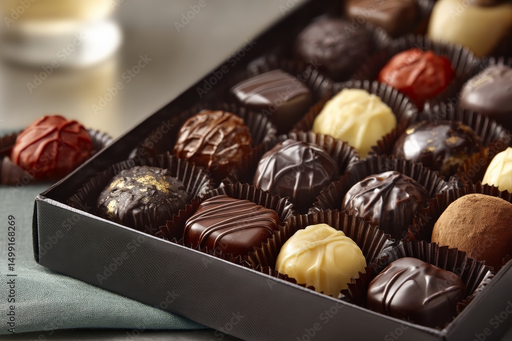 Poster delicious assortment of handcrafted chocolates displayed elegantly in a dark box on a stylish surfac
