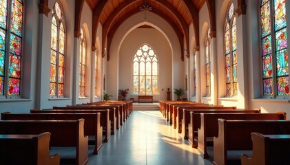 Fototapeta premium A modern, bright church sanctuary with stained-glass windows and pews , spiritual, building