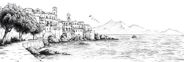 Italian or greek style vacation hand drawn vector illustrations in grunge chalk or charcoal rough doodle sketch style elements. Summer vacation in ink simple style. Drawings for poster, placard print.