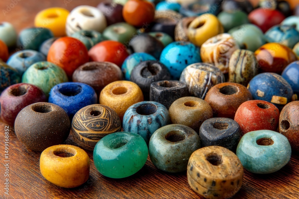 Poster colorful collection of assorted beads displayed on a wooden surface captures artisan craftsmanship a