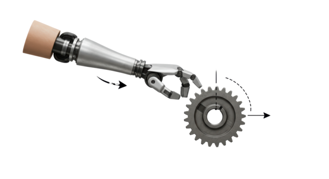 Isolated Robotic Arm Manipulating Gear with Arrows