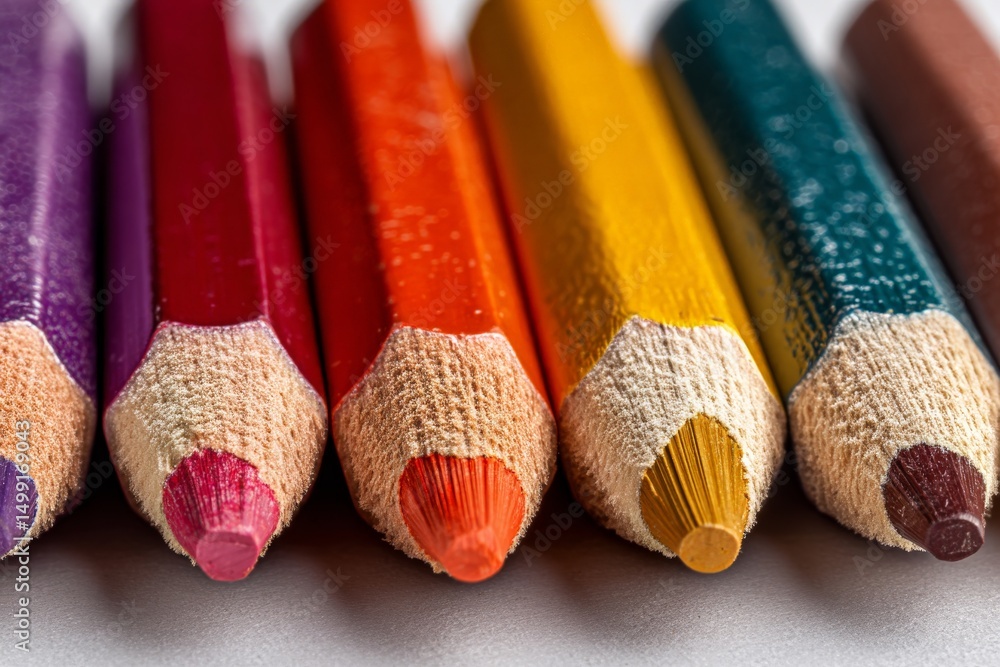 Poster colorful assortment of sharpened pencils arranged neatly on a white surface ready for artistic creat