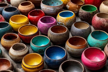 Vibrant collection of handcrafted pottery bowls arranged in a colorful display at a market stall