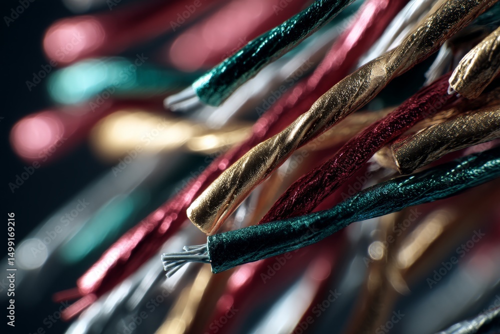 Poster Colorful twisted wires in close-up showing details of metal strands and shiny textures in an abstract arrangement