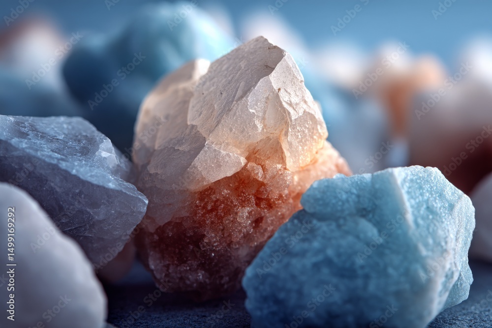 Poster colorful crystals scattered on a surface highlighting their unique textures and properties during na