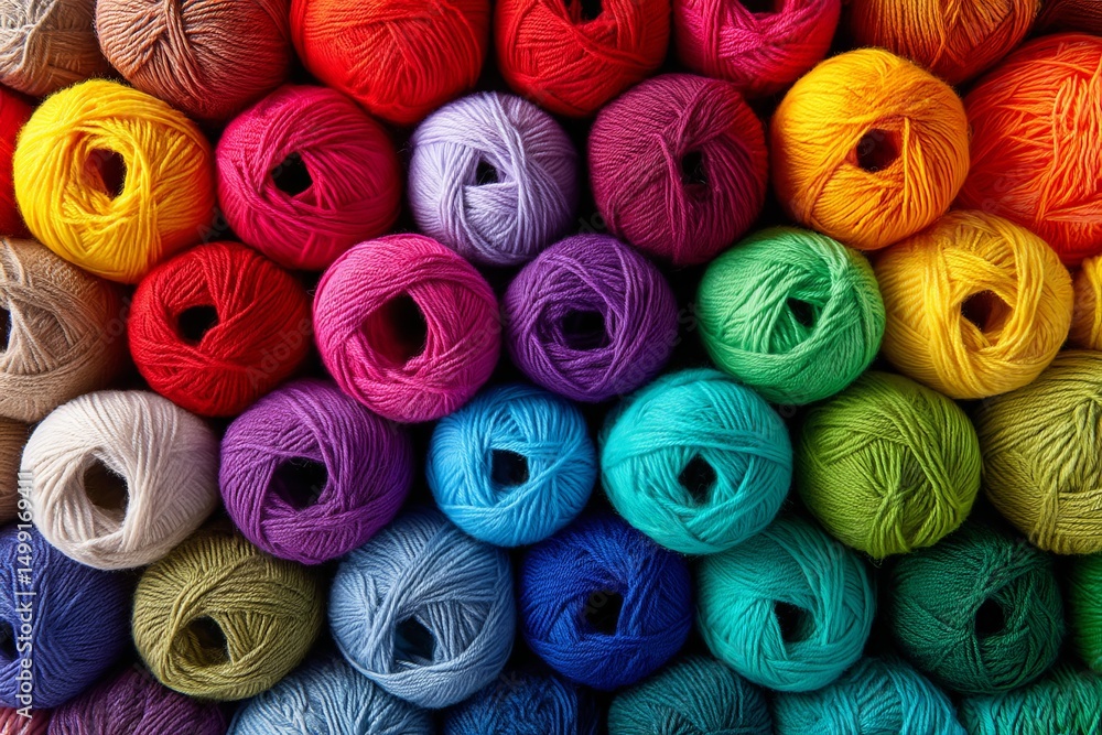 Poster colorful balls of yarn neatly arranged in a vibrant display showcasing various shades and hues for c
