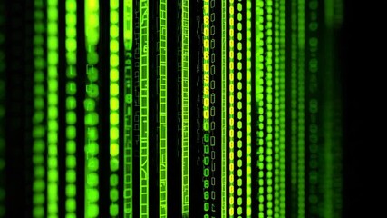 Green digital matrix-style code animation on black background with glowing binary lines, looping motion visual for cyberpunk intros, tech promos, or coding education content with center copy space - Powered by Adobe