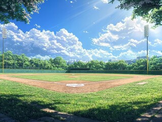 A colorful spring baseball field with a well-defined diamond.