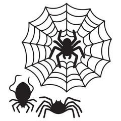 A vector illustration of a set of silhouettes of a spider and a web.