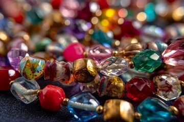 Colorful assortment of glass beads arranged on a dark surface showcasing their shine and intricate designs