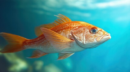 Naklejka premium An exquisite golden fish gliding gracefully underwater in a bright blue expanse