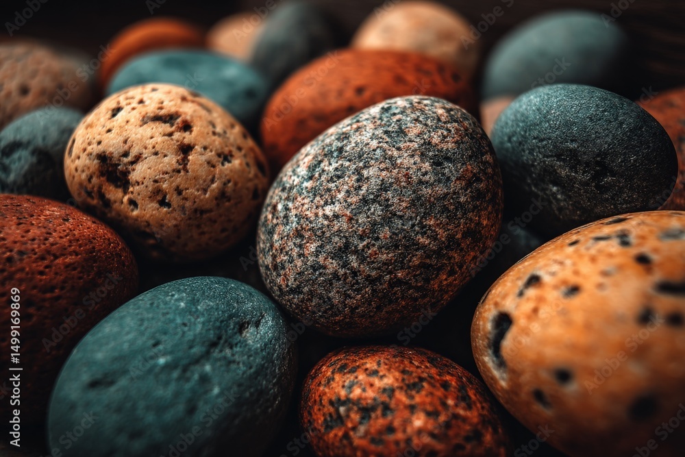 Poster Colorful collection of smooth rocks and stones in various shapes and sizes displayed in a natural setting