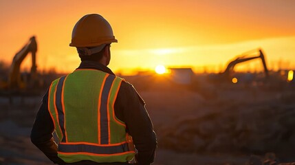 The beauty of a sunset contrasts with the industrious nature of construction work.
