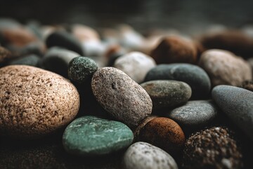 Assorted smooth stones collected from a riverbed reflecting natural colors and textures in a close-up view
