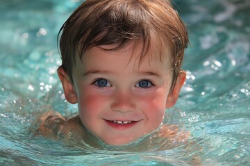 Lively boy grinning in playful swimming portrait  

