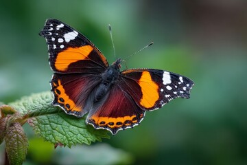 Naklejka premium Bright butterfly resting on a green leaf in a garden during daylight