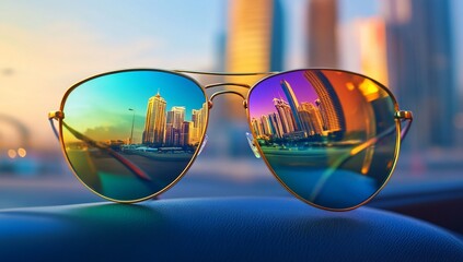 Cityscape reflection in sunglasses.