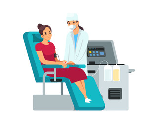 Blood donation process. Female donor sitting in medical chair with IV line, nurse standing nearby with equipment. Healthcare concept, voluntary blood donate. Flat vector illustration.