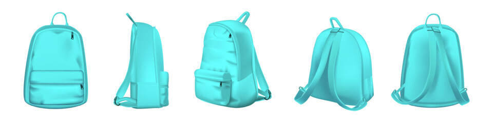 Blue backpack design front, back, side and isometric view set. College or school rucksack mockup vector illustrations. Realistic youth pack of fabric for study sport isolated on transparent background