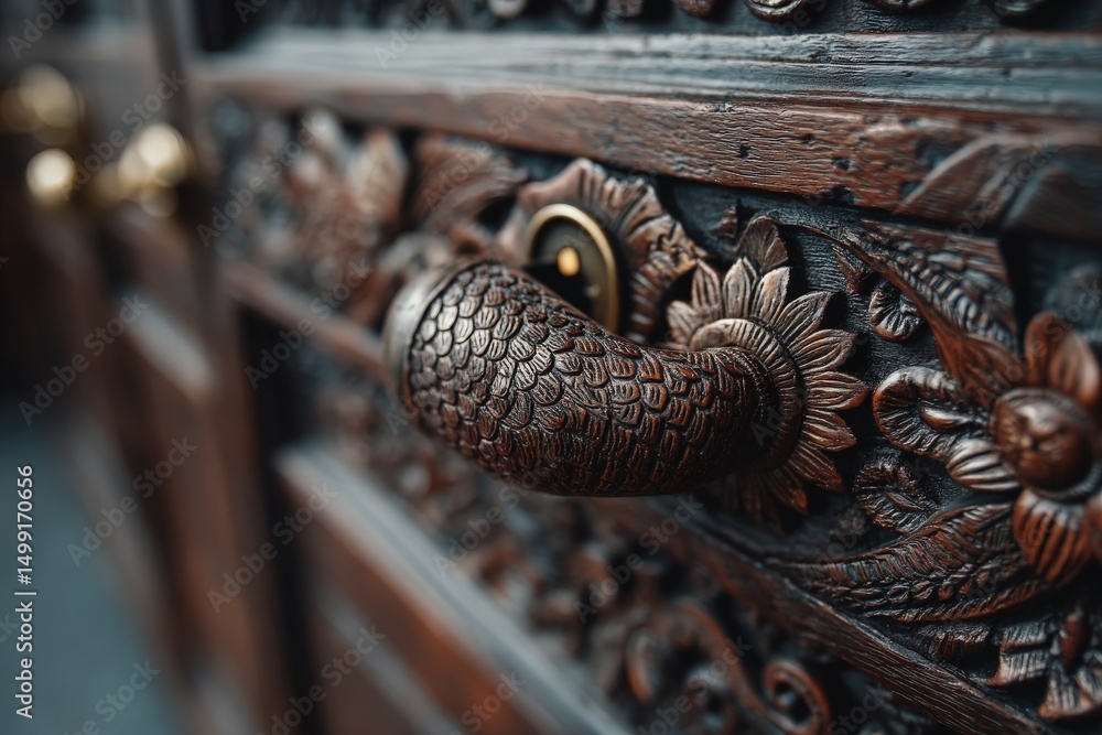 Poster intricate wooden door handle showcasing detailed carvings in an elegant design within a historic bui