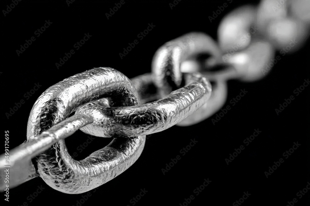 Aufkleber close-up view of a metallic chain link showcasing texture and shine against a dark background