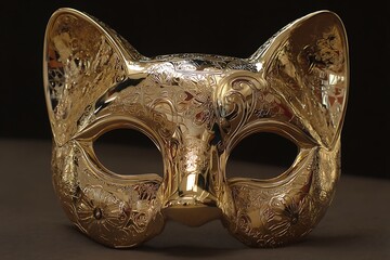 Vibrant 3D golden mask in cat form  
