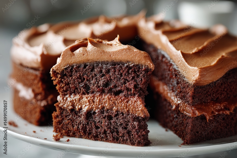 Poster decadent chocolate cake with rich frosting displayed on a plate at a cozy kitchen setting