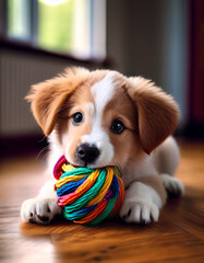 Generated Image of A puppy chewing on a colorful rope toy on a hardwood floor, soft fur and tiny teeth in sharp detail.