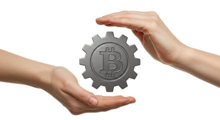 Isolated Hands Protecting Bitcoin Gear Symbol Crypto Currency
