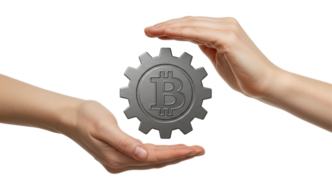 Isolated Hands Protecting Bitcoin Gear Symbol Crypto Currency - Powered by Adobe