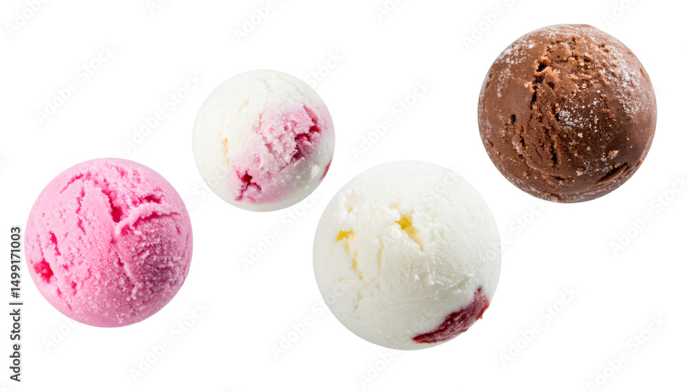 Poster ice cream scoops of different flavors bouncing on transparent background