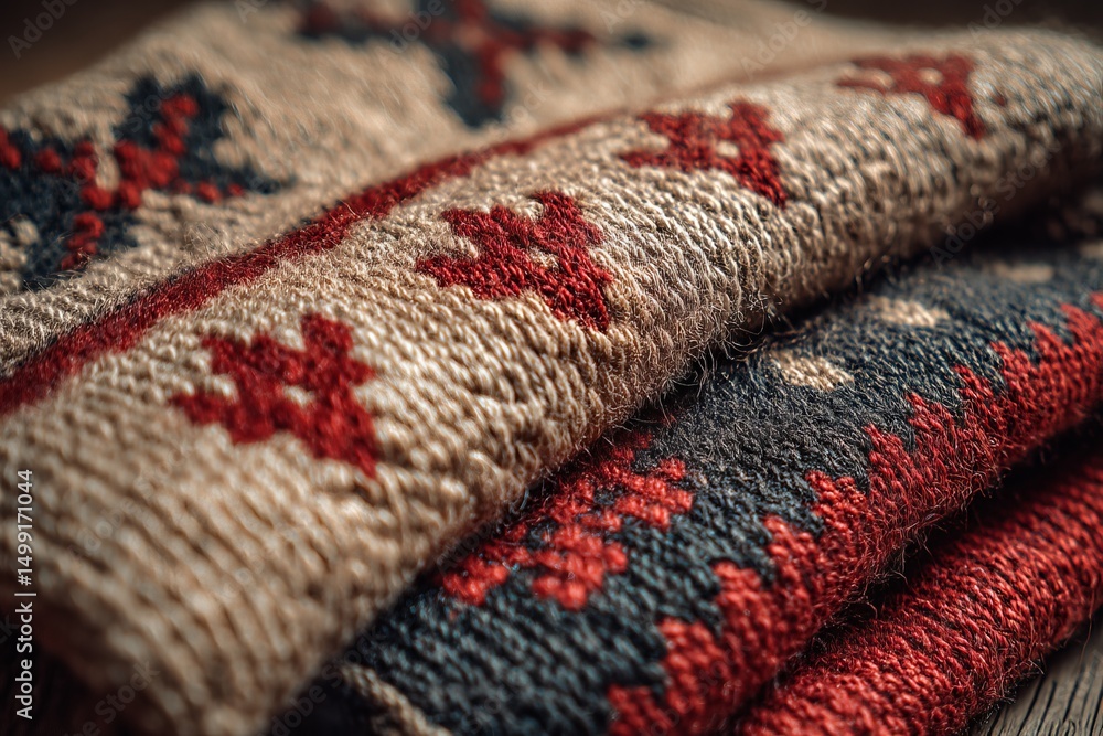Poster Handmade textile with intricate patterns displayed on a wooden surface in a cozy setting