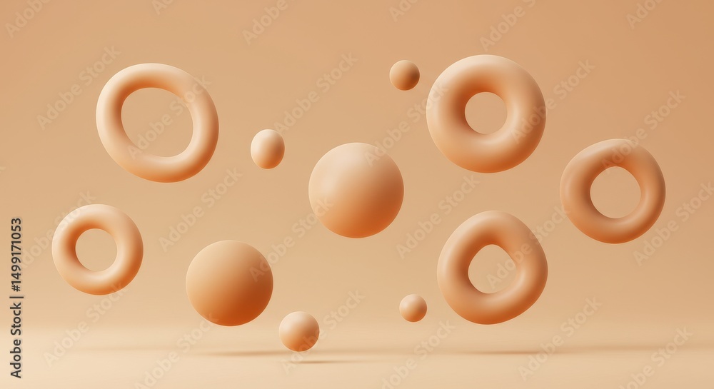 Poster abstract 3d render of floating geometric shapes in beige
