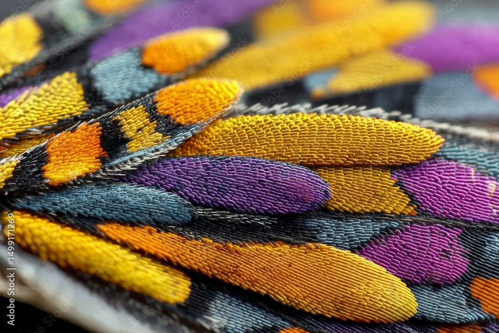 Poster Close-up view of vibrant feather details showcasing intricate patterns and colors from a tropical bird in a natural setting