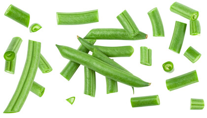 Green beans and slices falling isolated on transparent background